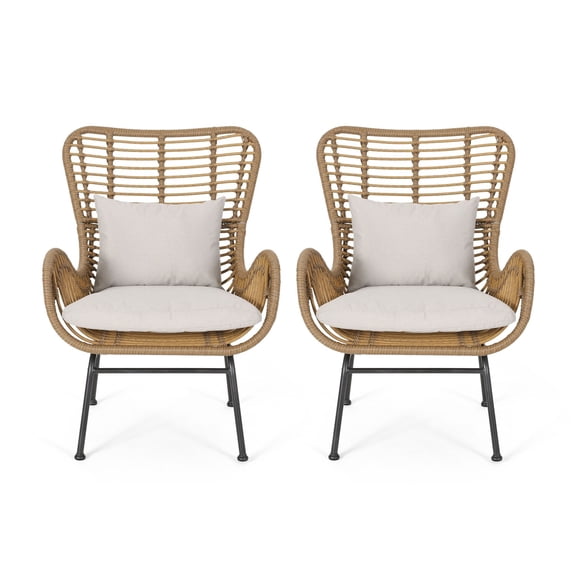 Margo Outdoor Accent Chair- Brown Woven Rattan- Beige- Black Metal