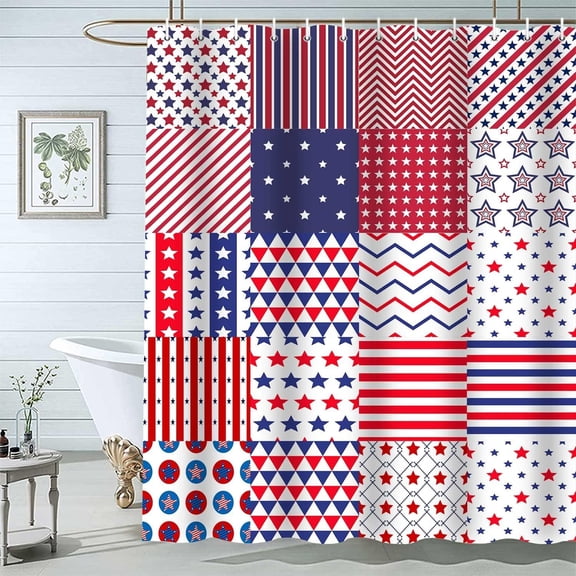 July 4th Shower Curtain, Blue and Red Stars Stripe American Flag Bathroom Decor Bath Curtain, President's Day Independence Day Polyester Fabric Shower Curtain Set with Hooks