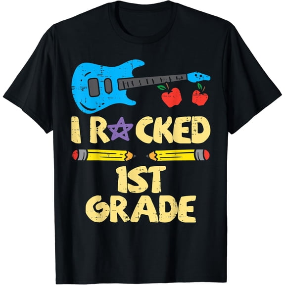 Retro I Rocked 1st Grade T-Shirt Funny Back to School Student Apparel Cute Guitar Graphic Tee First Grade Graduation Gift