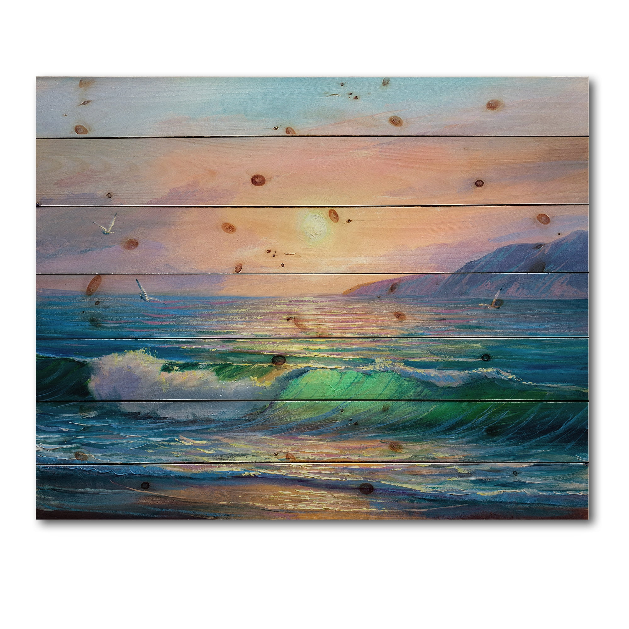 Designart 'Blue Waves Breaking At The Beach Landscape V' Nautical & Coastal Print on Natural Pine Wood
