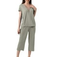 thumbnail image 1 of Jamicy Pajamas for Women Solid Color Short Sleeve Tops with Drawstring Capri Pants Set Comfortable V-Neck Women's Loungewear Pajamas Set, 1 of 7