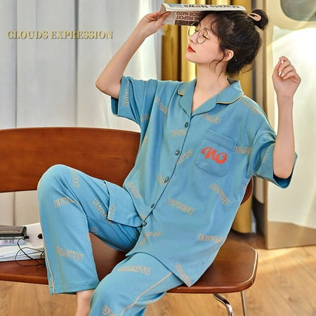 

QWZNDZGR Spring Summer Short Pijama Cartoon Print Women s Pajamas Set Kawaii Girl Nightwear Plaid Pants Sleepwear Lounge Homewear Fashion