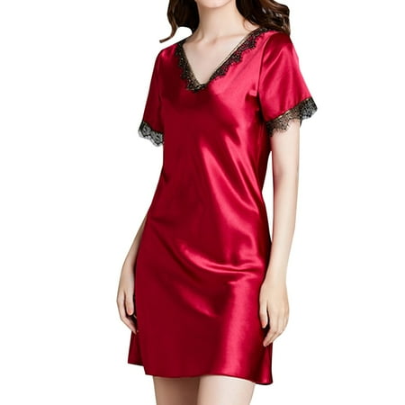 

AIYUQ.U Ice Silk Pajamas Women s Summer Silk Women s Short Sleeved Nightdress Women s Home Clothes