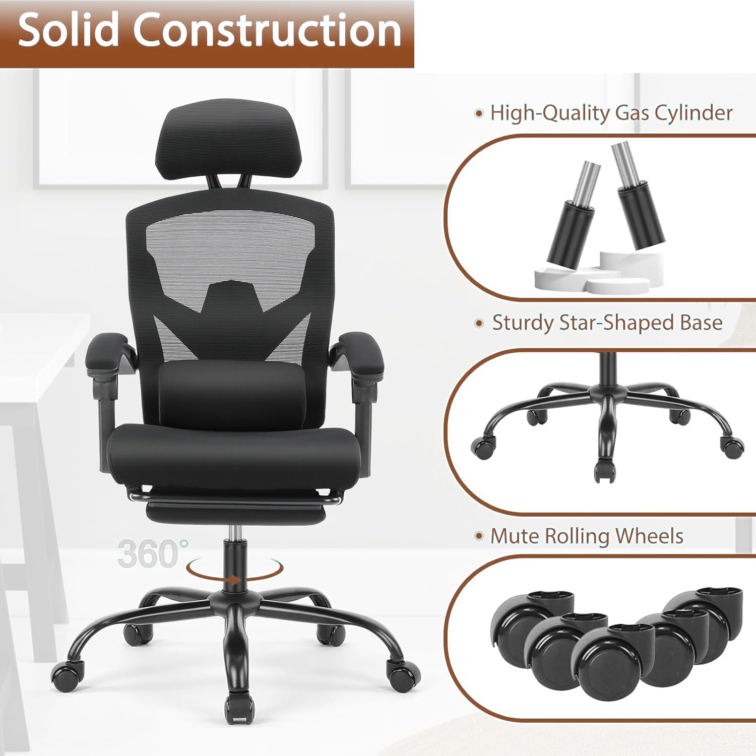 Office Computer Desk Chair, High-Back Ergonomic Mesh Swivel Chair with Lockable Recline, Adjustable Lumbar Support, Retractable Footrest & Padded Arms for Home Office, Study, and Gaming, Black