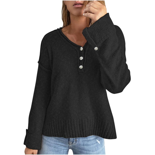 IROINID Women's V-Neck Pullover Sweater Solid Color Comfy Short Length Long Sleeve Button Knit Sweater Coat