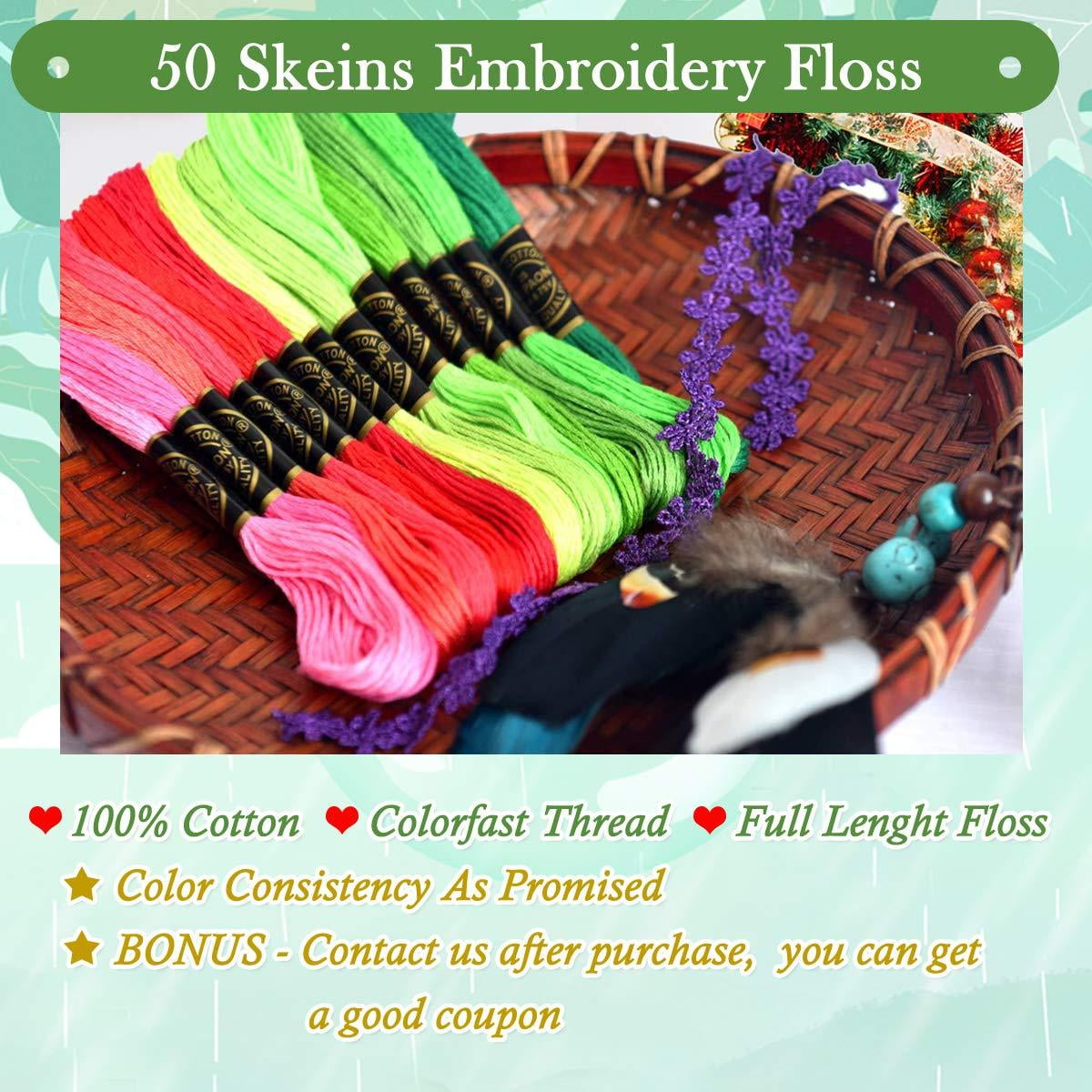 Cross Stitch Threads Floss Bobbins with Free Needles Friendship Bracelet Threads Avenfair Embroidery Threads 50 Skeins per Pack 50 Colors Multi Color Embroidery Floss