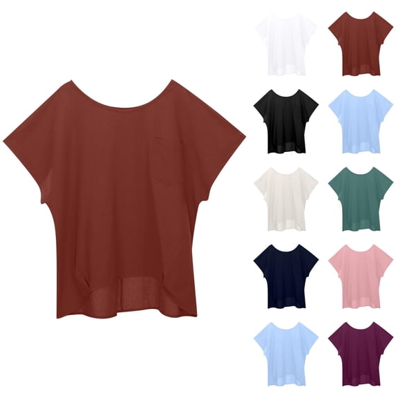 Batwing Sleeve Tops for Women Summer Casual Cotton Linen Lightweight Short Sleeve Crewneck Oversized T Shirts