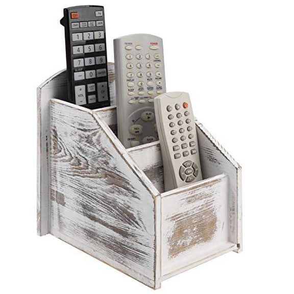 MyGift Rustic Whitewashed Wood 3-Slot Remote Control Organizer