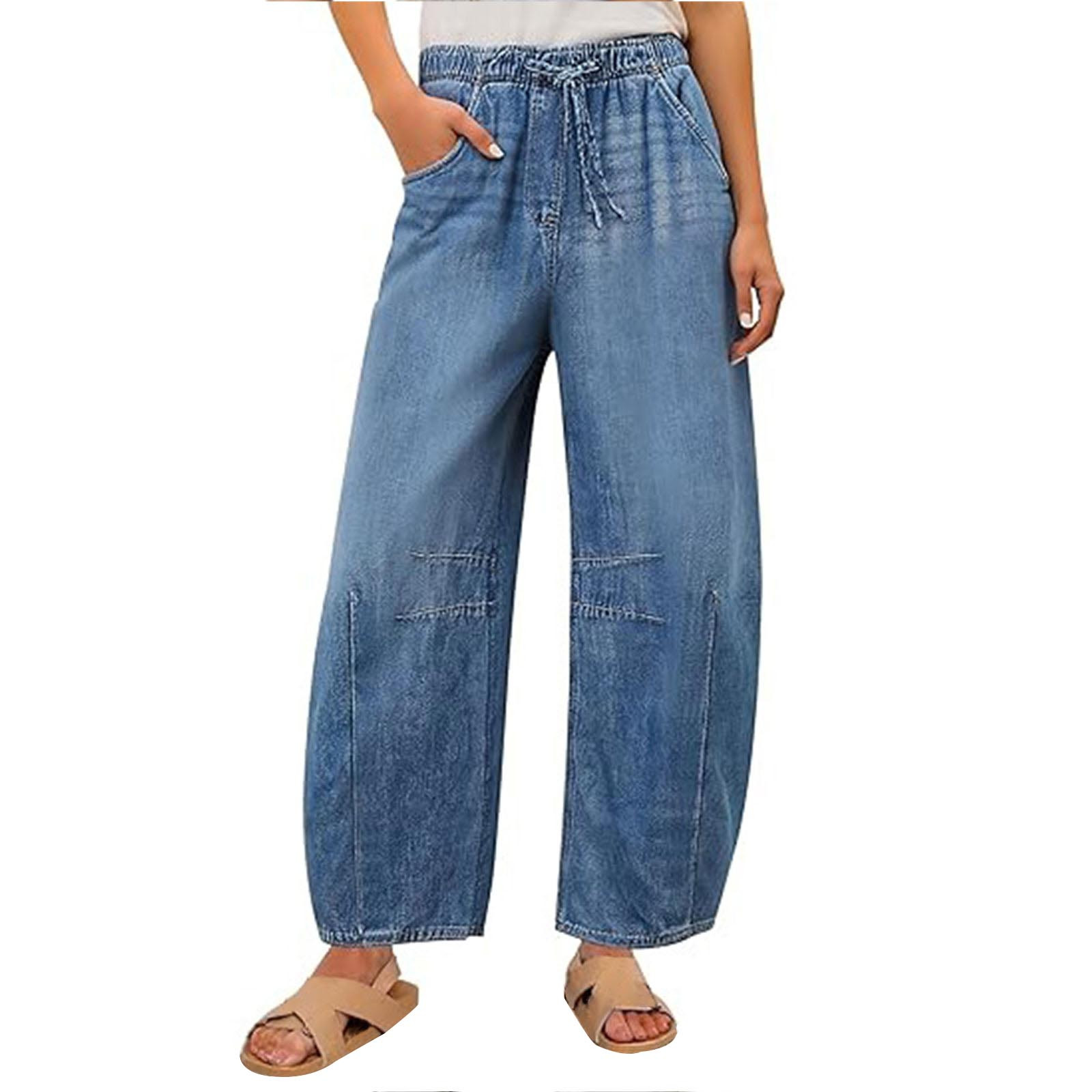 Womens Jeans Sevevn Women Barrel Jeans High Waisted Wide Leg Drawstring Denim Pants Loose Trouser Jeans With Pockets