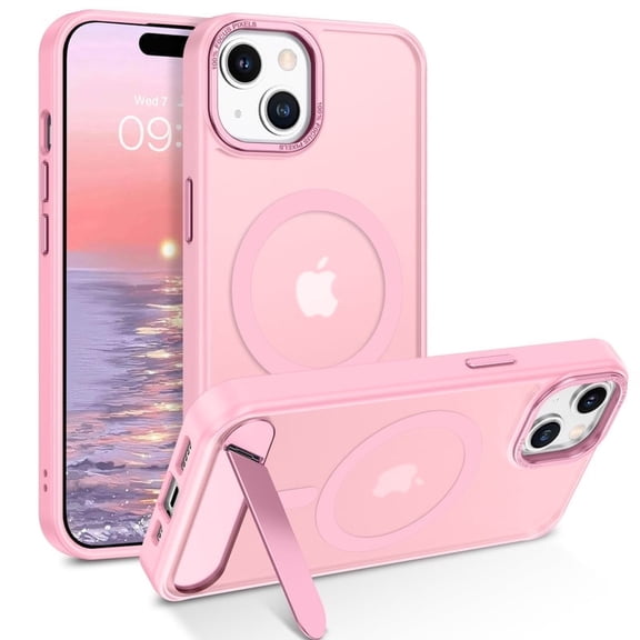 DUEDUE for iPhone 15 Plus Case with Stand, Magnetic Case Compatible with MagSafe, Translucent Matte Back, Shockproof Slim Protective Phone Cover, Pink
