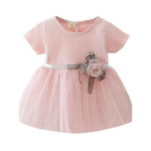 Newborn Baby Girl Princess Dress Flower Dresses,Short Sleeve Knit Top Tutu Gown Flower Waist Wedding Flower Girl Skirt for Pageant Party Tulle Dress for Girl 0-3T Toddler Special Occasion Dress Pink