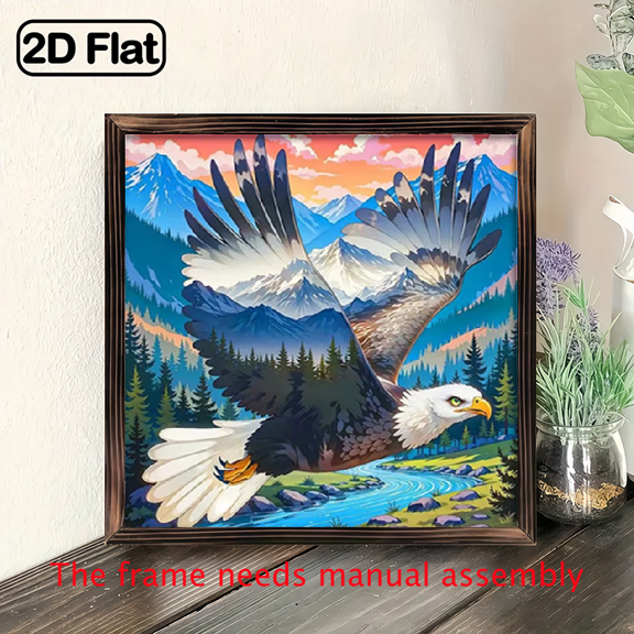 8-inch 2D flat "Mountain Shadow Eagle" wooden frame painting, easy to install, can be used as decorative signs and plaques for various wall surfaces, and is an ideal gift for various festivals.