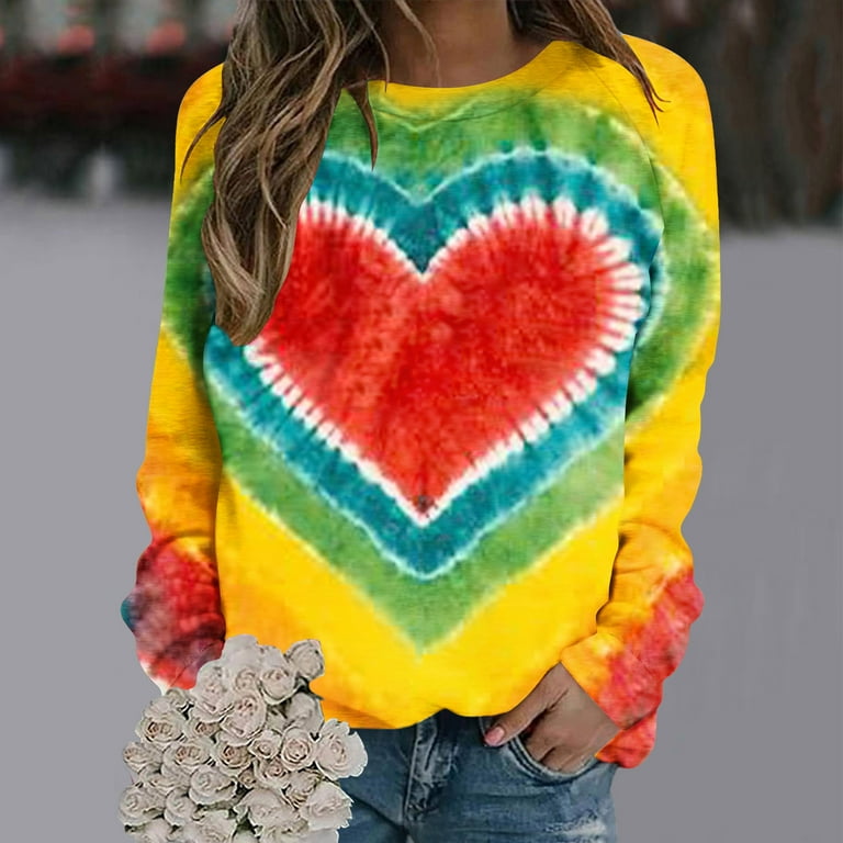 Sweatshirts for Teenagers Fashion Heart Tie-Dye Printed Crew Neck