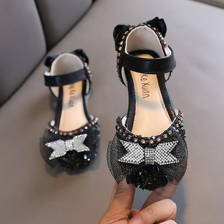 

CHAOLEI Fashion Spring And Summer Girls Sandals Dress Dance Performance Princess Shoes Light Sequin Mesh Bow Rhinestone Ribbon -Black 8-9 Years