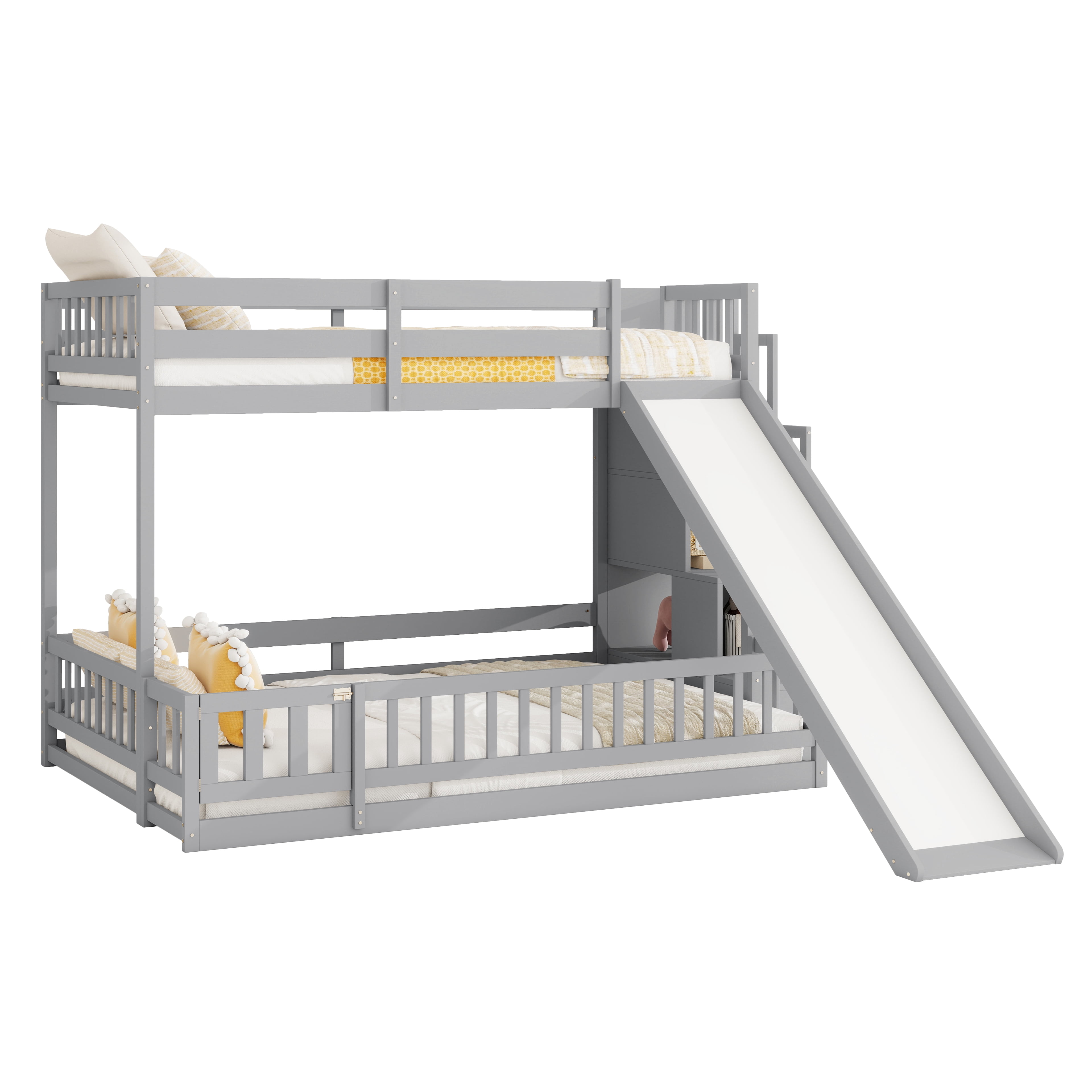 Mintazer Twin Over Full Bunk Bed with Slide & Storage Staircase, Kids Floor Bunk Bed with Guardrails, Gray