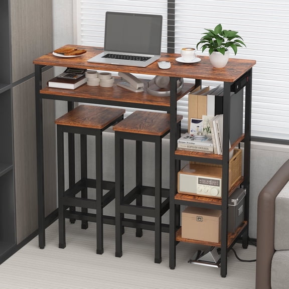 Katalora Bar Table and Chairs Set for 2,3-Piece Dining Set with Power Ooulets,Industrial Bar Table Set with Storage Shelves, Kitchen Counter Height Table,Space Saving