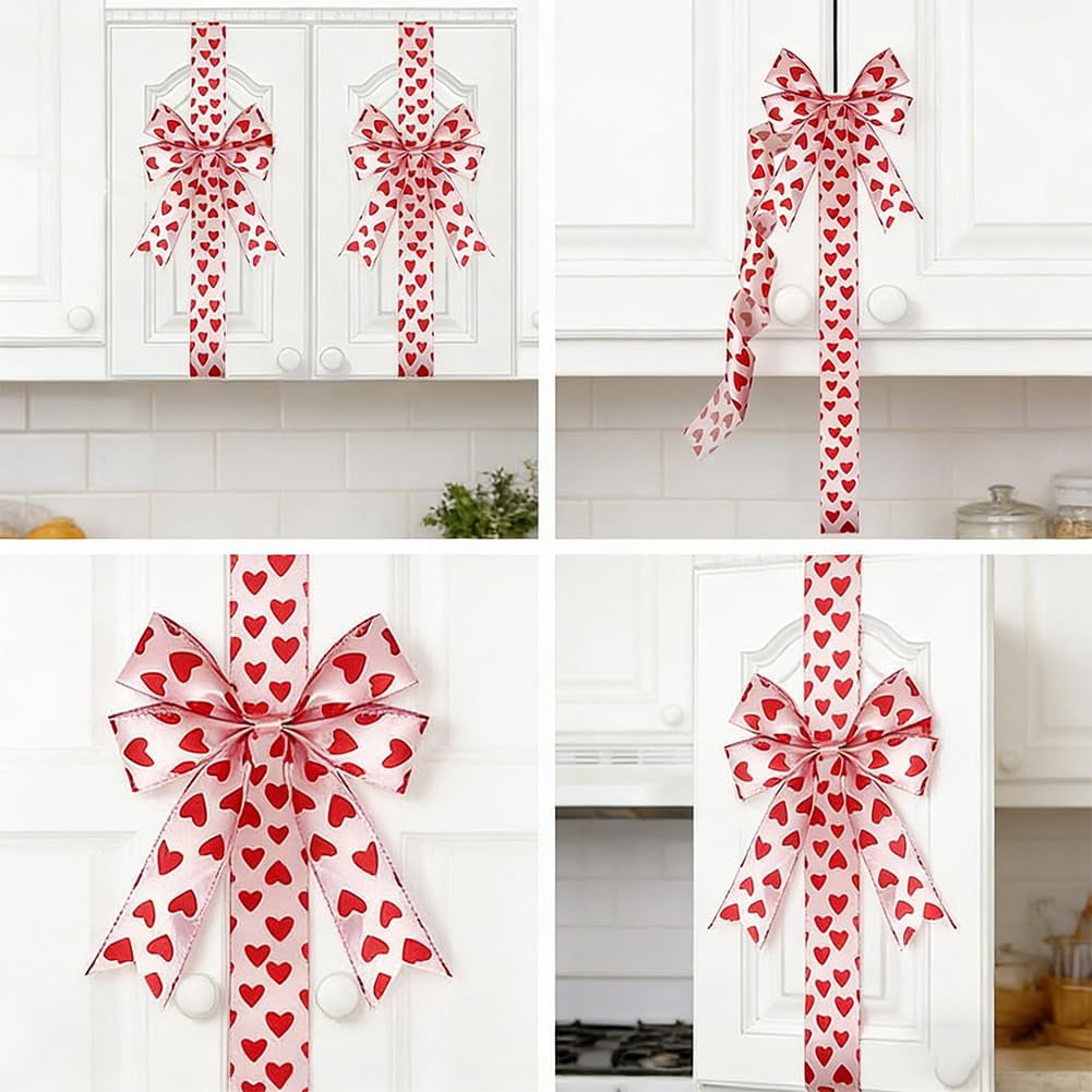 Valentine’s Day Cabinet Bows, Valentine’s Day Pink Heart Large Bow Decoration, 79 x 2.4 Inch Polyester Fringe Giant Heart Bows for Cabinet Doors, Reusable Valentine Home Decor(6pcs Pink)