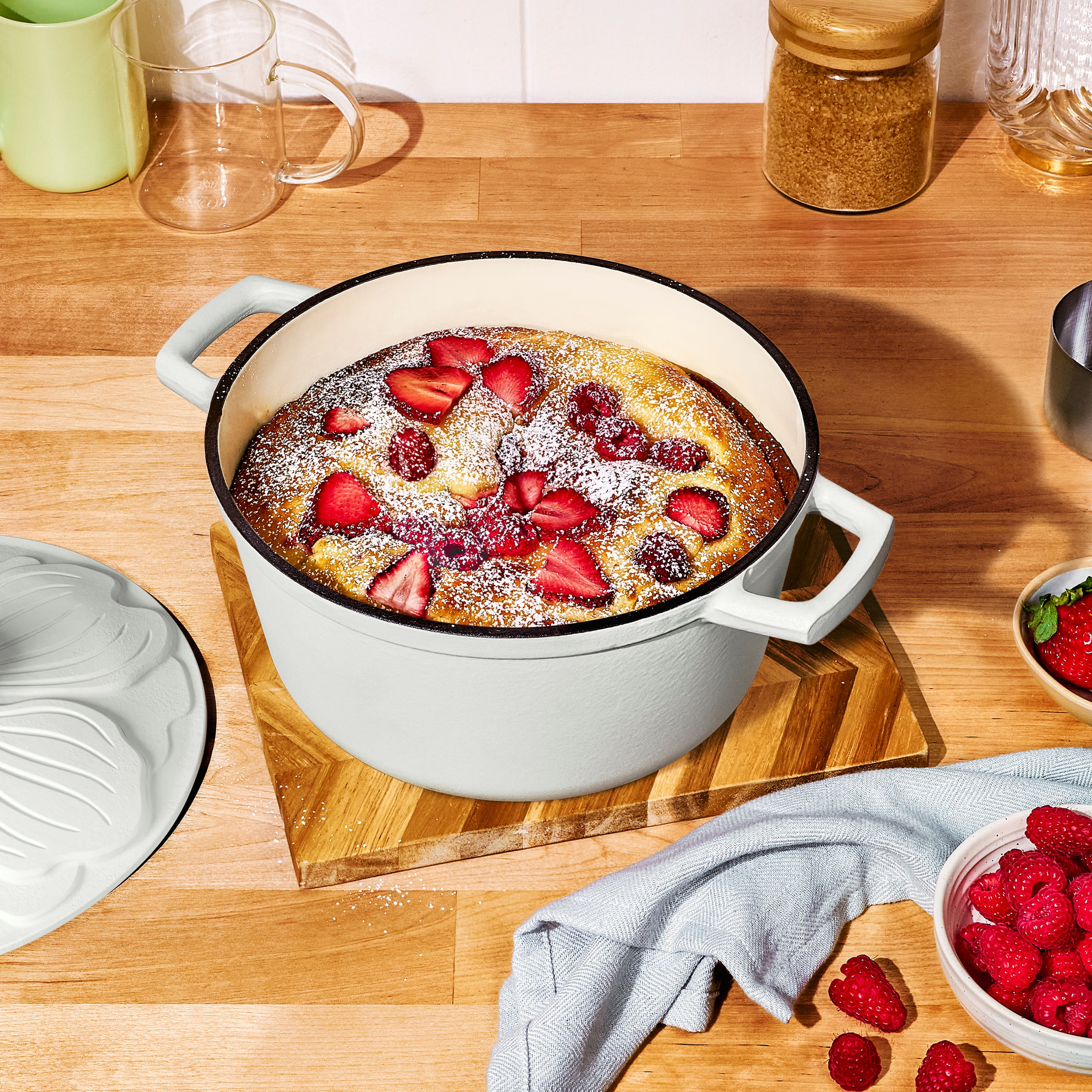 Beautiful 4 Quart Enameled Cast Iron Round Dutch Oven with Petal Design Lid, White Icing by Drew Barrymore