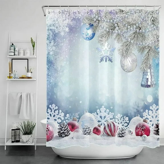 Winter Christmas Shower Curtain Xmas Snowflake Silver Balls Bell Pine Tree Bathroom Decor Waterproof Polyester Fabric Curtains