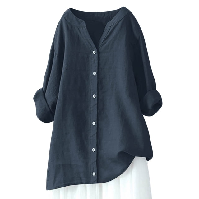 Women Loose Button Down Blouses Long Sleeve Solid Casual All Occasions