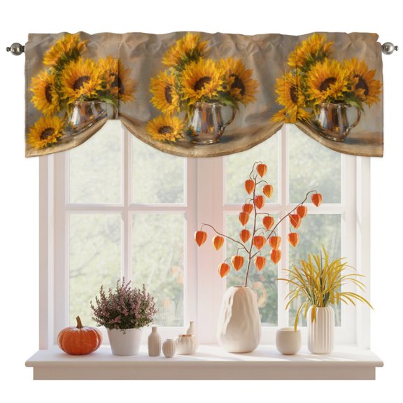 Sunflower Tie Up Valance Curtains for Windows, Kitchen Curtains Window Treatments, Vintage Yellow Botanical Floral Summer Short Window Shades Valances for Bedroom Bathroom Cafe 42"x12"