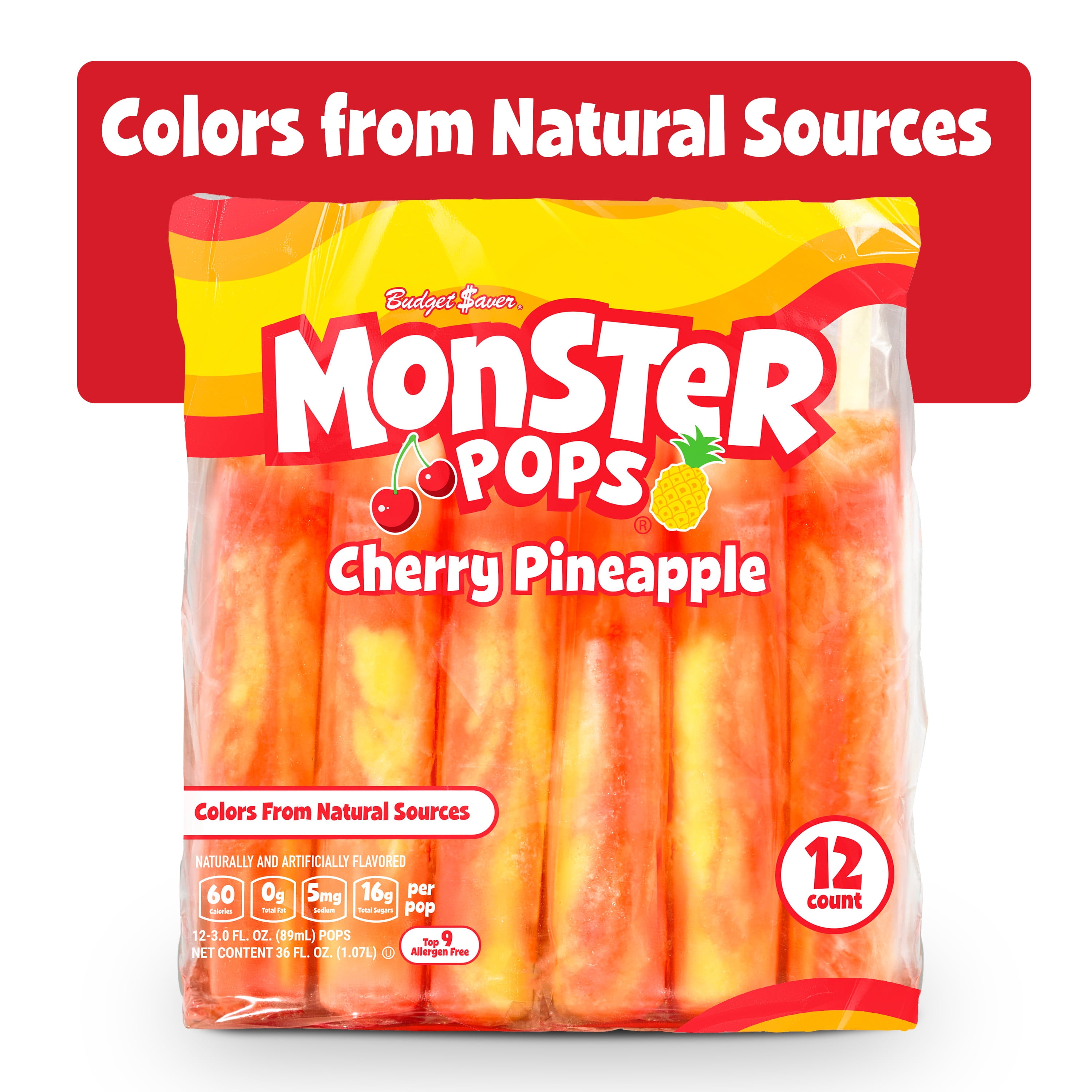 Budget Saver Monster Pops, Cherry Pineapple, 12 Count, Frozen Popsicles with Natural Colors