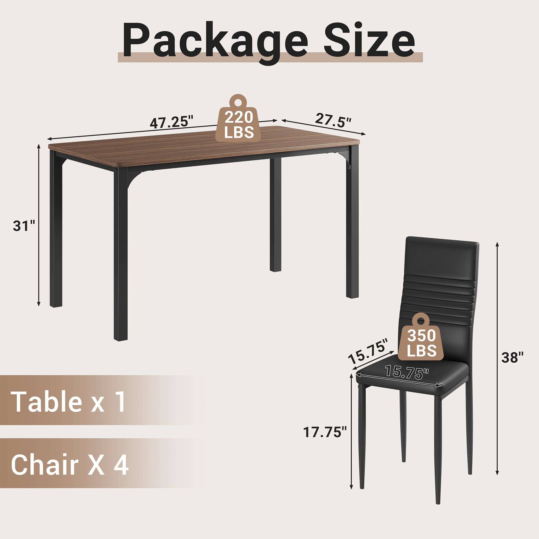 PORKISS 5 Piece Dining Set, Dining Table and Chairs Set for 4, Rectangle Kitchen Dining Table Set with 4 Upholstered Chairs, for Small Space, Breakfast Nook, Brown