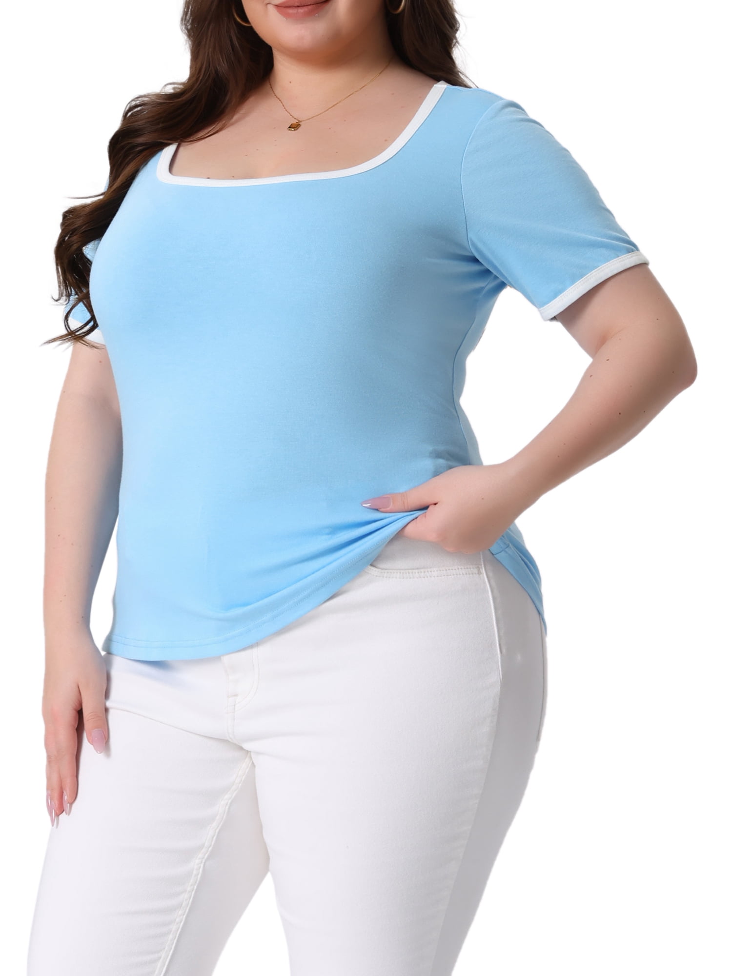 DARING DIVA Women's Plus Square Neck Ribbed Slim Fit Tee 4X Blue