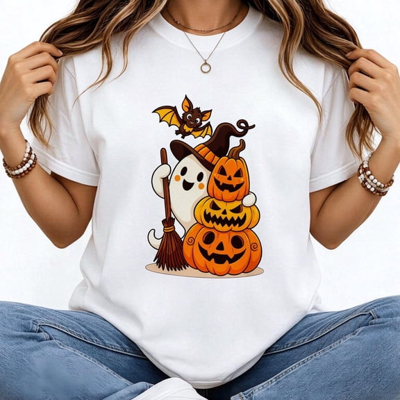 Halloween Women's T-Shirt Cute Ghost Pumpkin Bat Halloween Design Short Sleeve Holiday Gift Cotton Tees