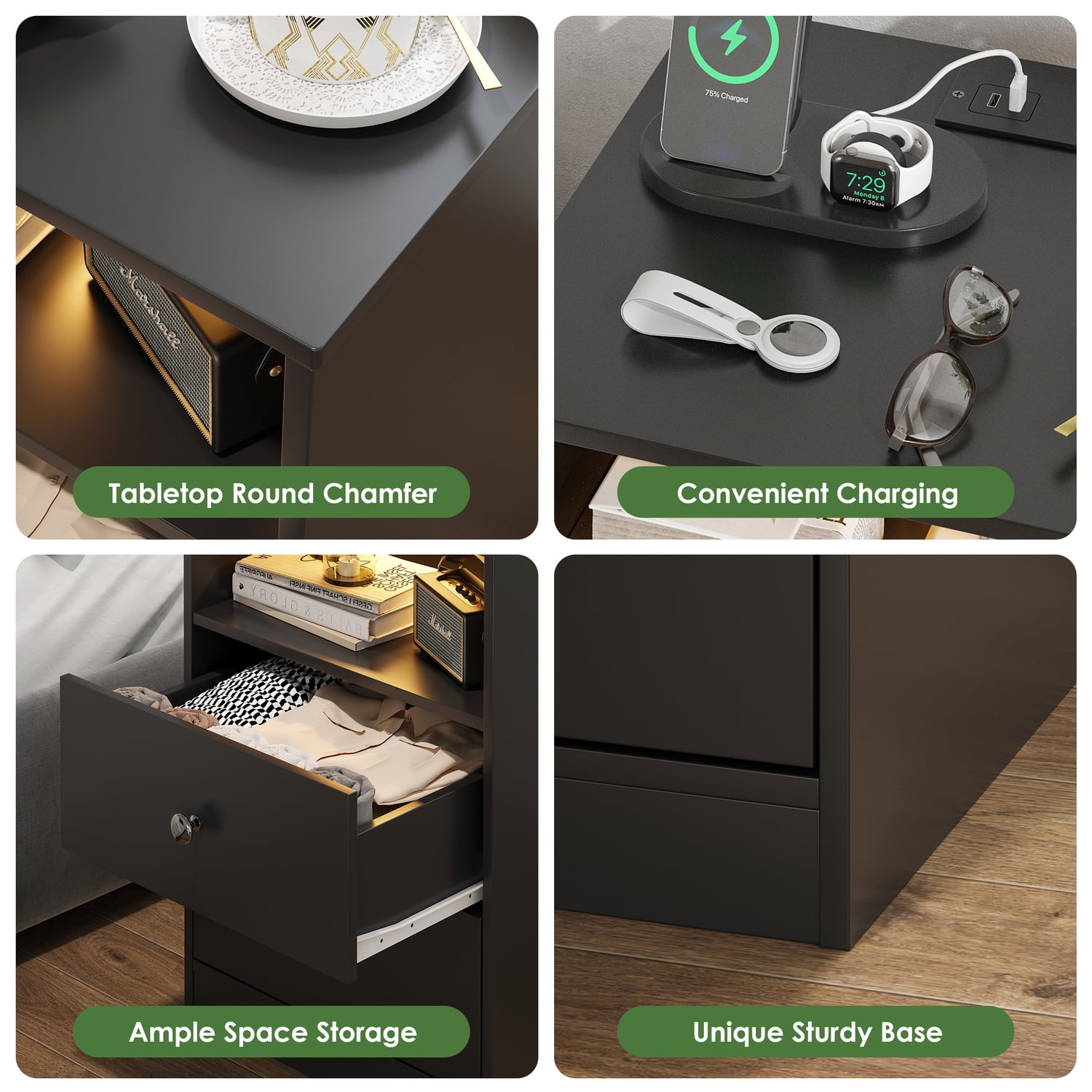 Someet LED Nightstand with Charging Station and 2 USB Ports, End Tables with 2 Storage Drawers for Bedroom Living Room, Black