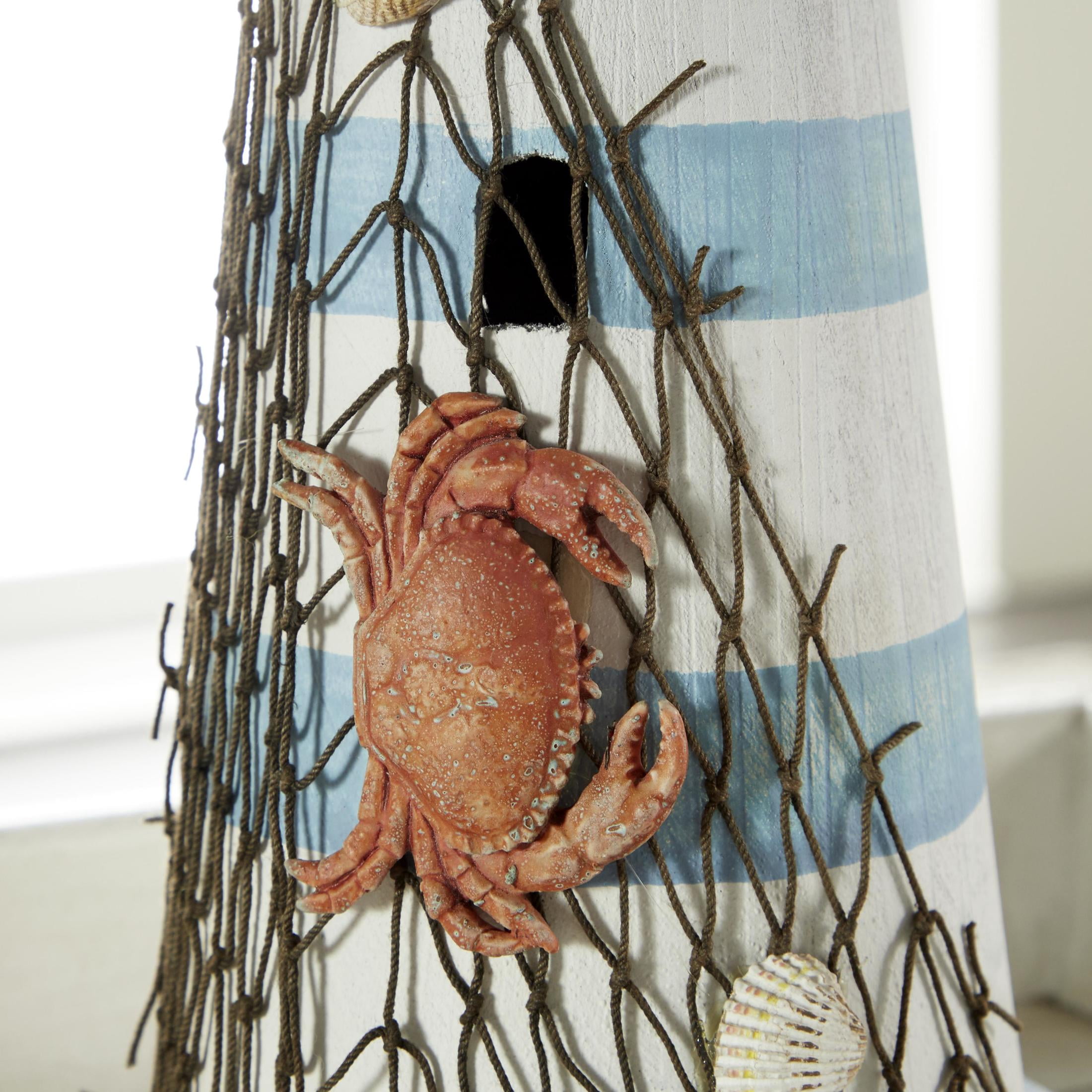 7" x 16" Blue Wood Light House Sculpture with Netting, by DecMode
