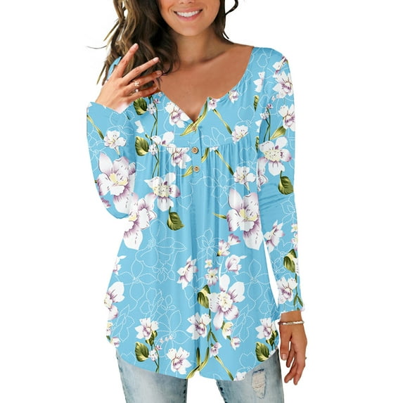 Women Casual Baggy Long Sleeve Floral Print V Neck Henley Tops Blouse Shirts Tunic Ladies Ruffle Kaftan Loose Blouse