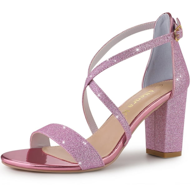 Sandalias De Tacón Cuadrado Correa Cruzada Con Purpurina Para Mujeres Púrpura 41