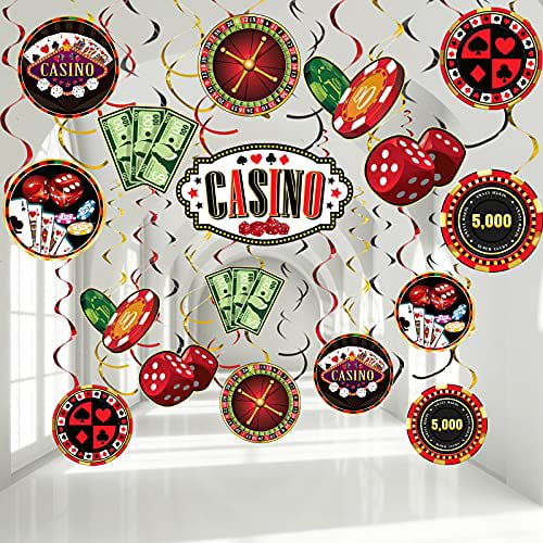 Game Night Red Black Poker Happy Birthday Party Ceiling Hangings for Las Vegas Poker Card Casino Night Party Decoration Supplies 30TC Casino Birthday Party Foil Hanging Swirls Decorations 