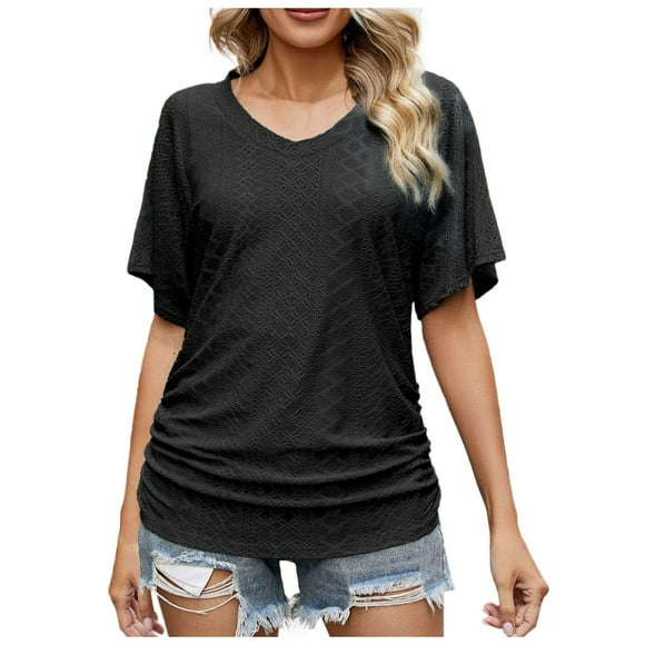 YDLCAFD Hanes T Shirts Women Women's Solid Color Hollow Out V Neck Pleated T Shirt Top Nike Shirts for Women Sequin Tops for Women