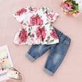 thumbnail image 4 of GYRATEDREAM Girl Clothes Outfits, Cute Toddler Baby Short Sleeve Floral T-Shirt Tops with Ripped Jeans Pants Set 1-4 Years, 4 of 12
