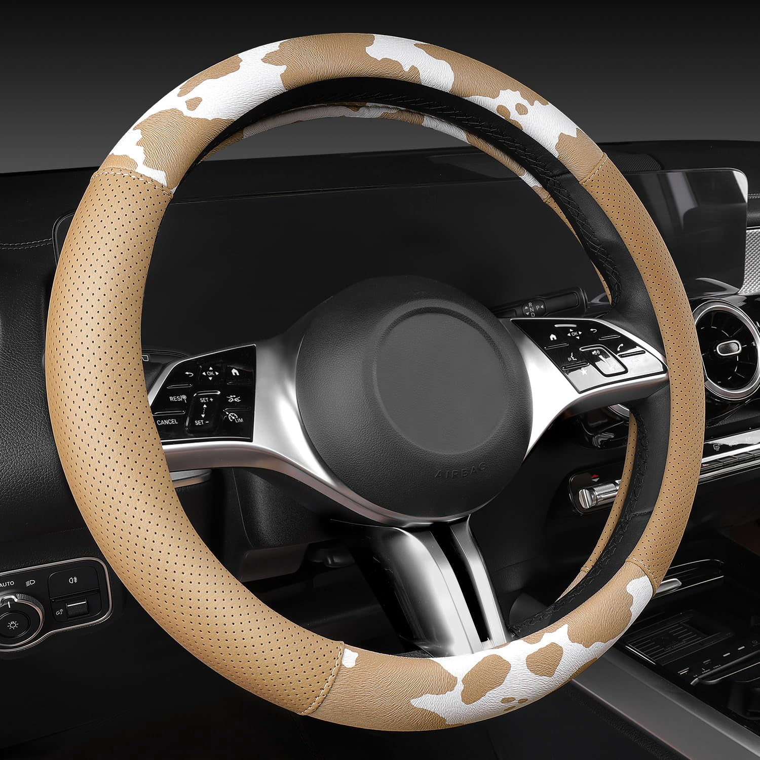 CAR PASS Leopard Print Faux Leather Car Seat Covers & Leopard Car Mats&Leopard Steering Wheel Cover Seat Belt Pad Universal Car Accessories for SUV,Van,Saden,Truck Automobile Interior Sets