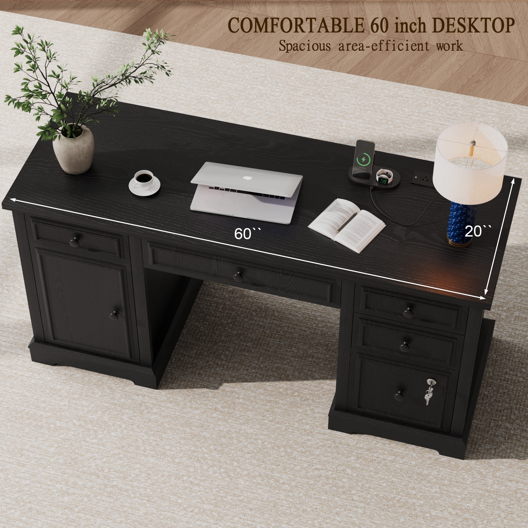 60" Farmhouse Executive Desk with File Drawer, Storage Cabinet, Wood Home Office Desk , Rustic Computer Writing Desk for Home, Study, Work, Writing