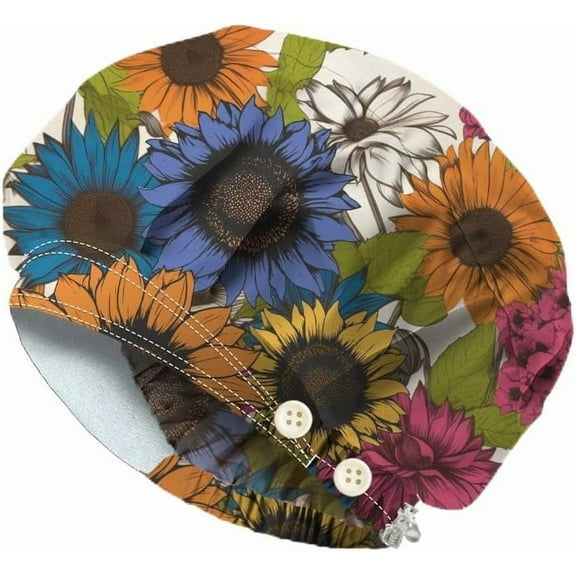 Bouffant Scrub Caps Cotton Nurse Scrub Hats With Button Sweatband for Nursing Cooking