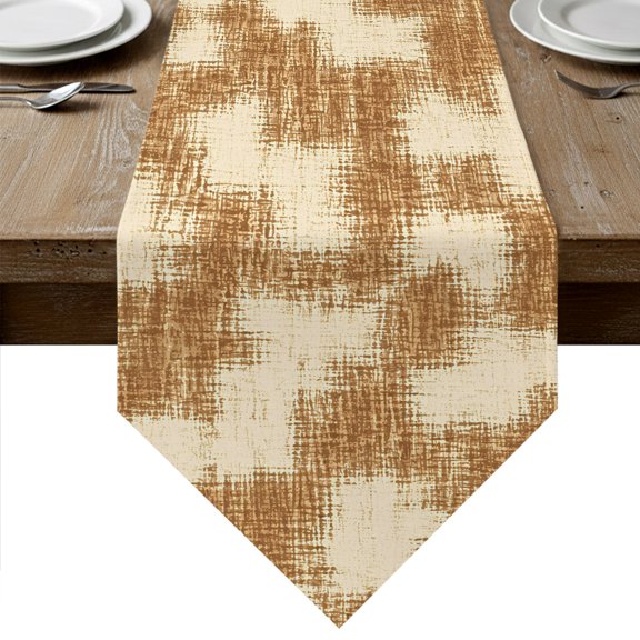 Brown Patchwork Table Runner Linen Burlap Table Runner 120 Inches Long Farmhouse Vintage Plaid Linen Texture Dresser Scarves for Kitchen Island Coffee Dining Room Party Holiday Decoration 13"x120"