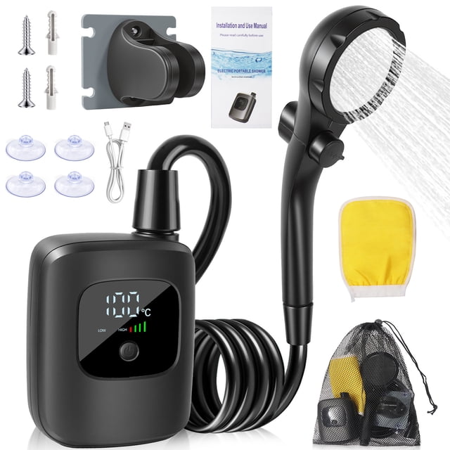 Portable Smart Shower Pump with Intelligent LED Display & 4 Spray Modes, Portable Shower Pump for Travel & Home, IPX8 Rechargeable Camp Shower for Hiking, Travel, Car, Pet(Q)