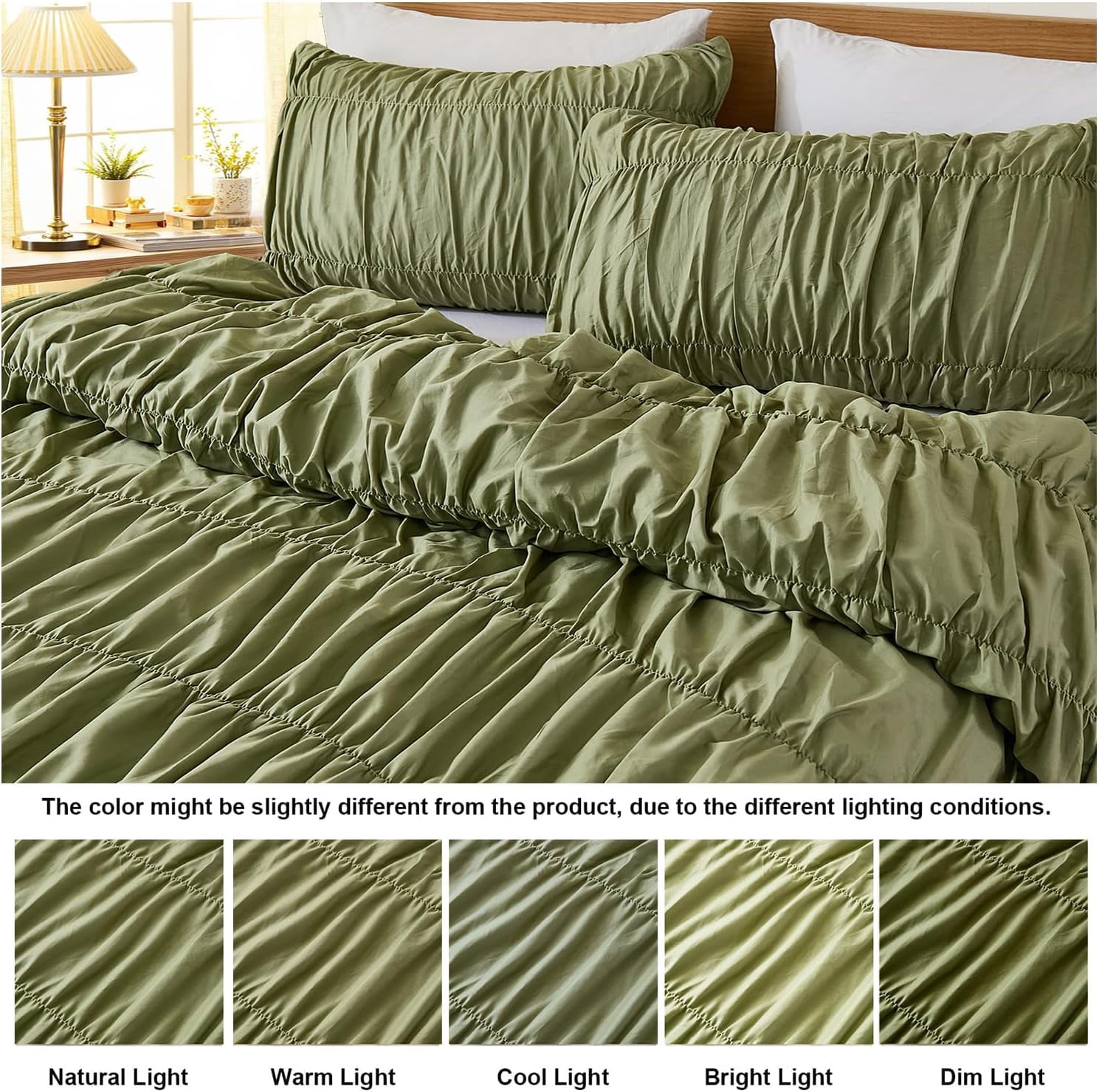 100% Cotton Green Wrinkle Duvet Cover Set Queen,Ruched Bedding Comforter Cover,Shabby Chic Ruffled 3 Pcs Queen Duvet Cover Set,Bohemian Boho Bedding Set with 1 Duvet  Cover 2 Pillowcases
