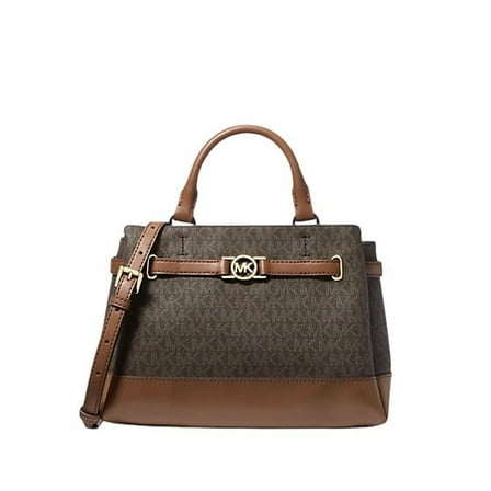 Michael Kors Reed Small Leather CZ Belted Logo Charm Crossbody Satchel Handbag (Brown)
