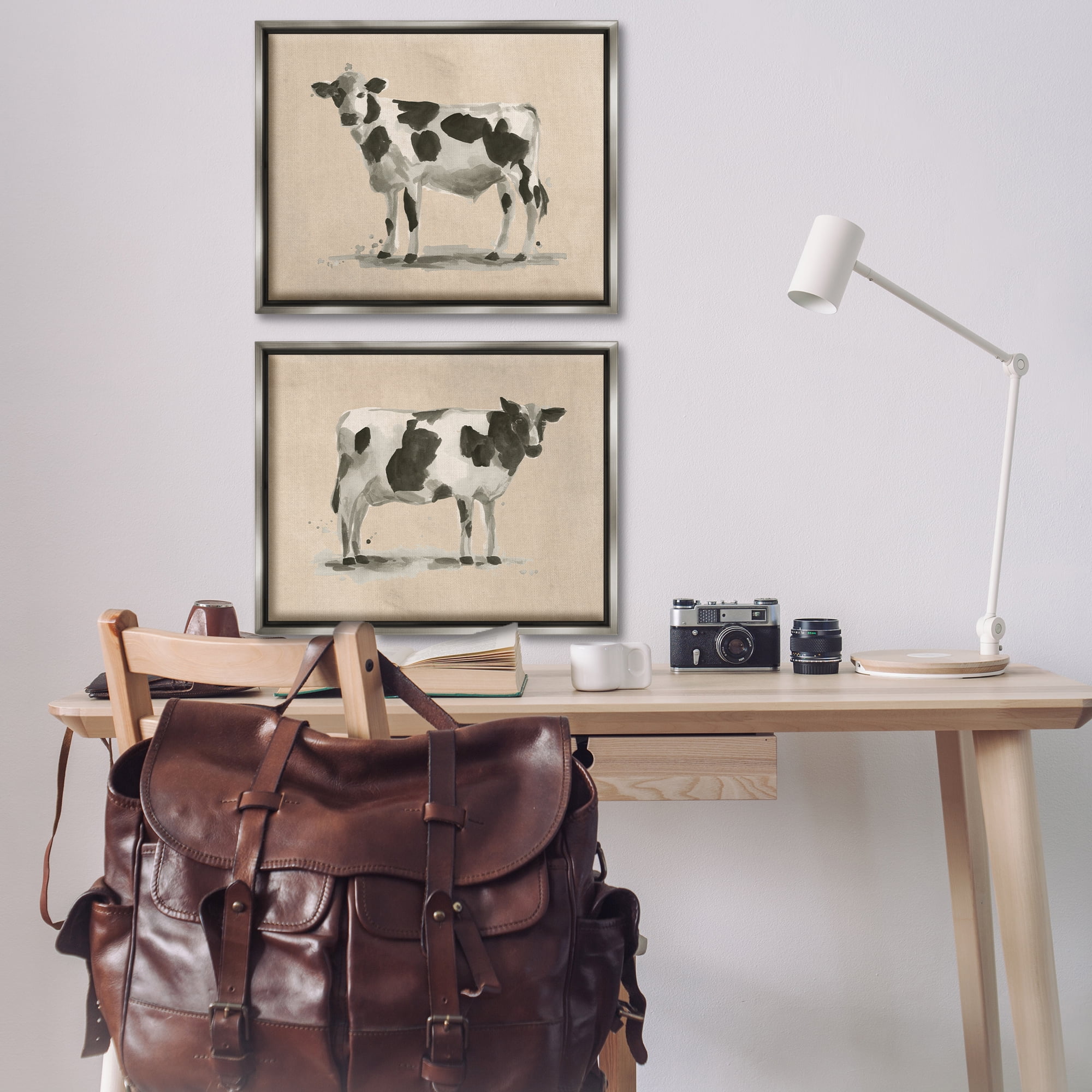 Stupell Industries Beige Holstein Cow Portrait Animals Painting Gray Floater Framed Canvas Art Print Wall Art, 31 x 25, Set of 2