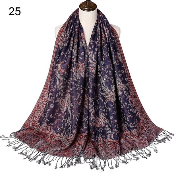 Paisley Flowers Borders Pattern Pashmina Silk Scarf Shawl Wrap Blanket Reversible Comfortable Vintage With Fringes 70x180cm 200g