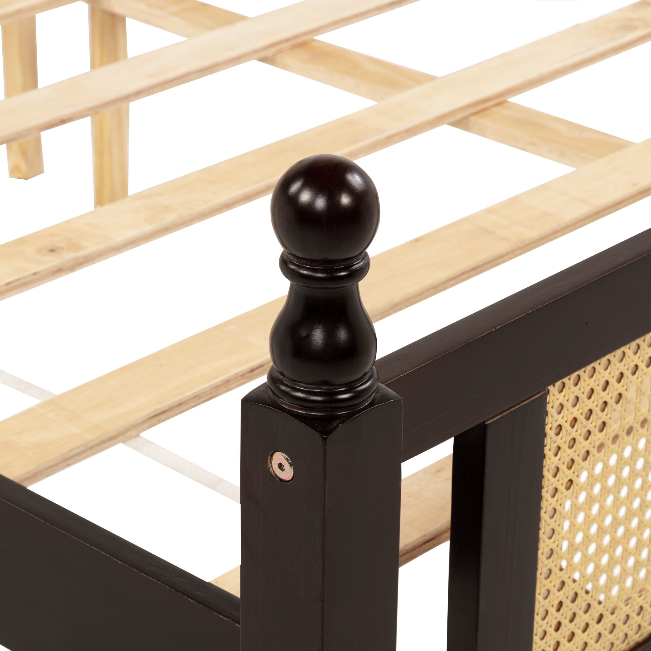 Noble House Elsie Queen Bed, Pine Wood Frame with Rattan Headboard & Footboard, Enhanced Slat Platform, Espresso