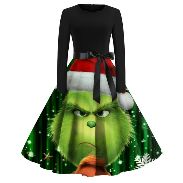 Corashan de Noël Abordable Chandail de Noël Amusant Robe Évasée de Noël pour Femmes Robe à Manches Longues Robe de Fête Décontractée Verte, G