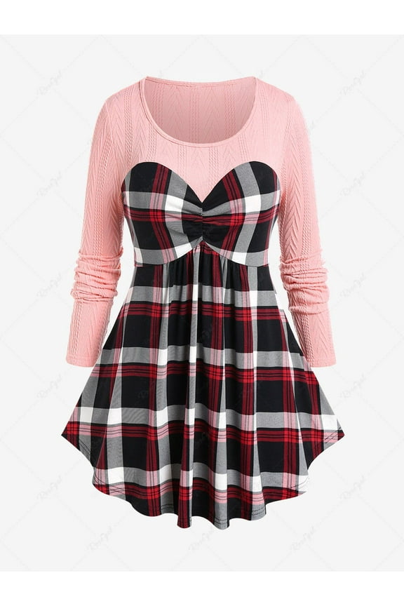 Plus Size Keyhole Faux Twinset Asymmetric Plaid Tee