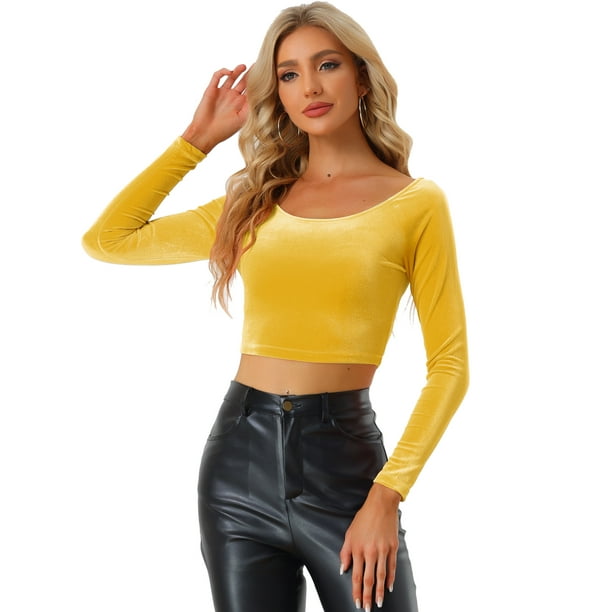 Disfraz de navidad Top corto de terciopelo con hombros descubiertos y manga larga para mujer Amarillo M