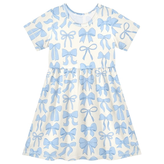 joogoo Blue Bows Girls' Short Sleeve Dress Kids Dresses 5-6T